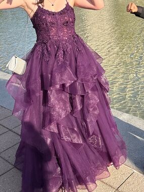 Plum Purple Tiered Ruffled Tulle Ball Gown